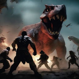 People engaged in a battle to the death, with a monstrous creature, a demon, and a Tyrannosaurus Rex in the background