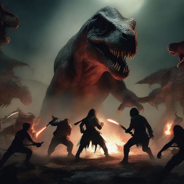 People engaged in a battle to the death, with a monstrous creature, a demon, and a Tyrannosaurus Rex in the background