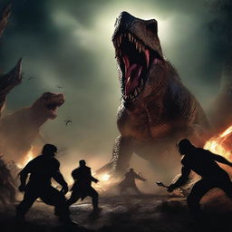 People engaged in a battle to the death, with a monstrous creature, a demon, and a Tyrannosaurus Rex in the background