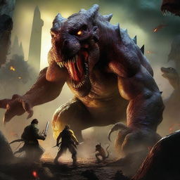 A man engaged in a fierce battle against bad people, with a massive monster, a yellow-eyed demon, and dinosaurs looming in the background