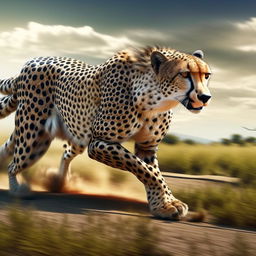 A photorealistic image of a cheetah in its natural habitat, poised in mid sprint with muscles rippling under its sleek spotted coat and eyes focused on its prey.