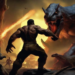 A man engaged in a fierce battle against bad people, with a massive monster, a yellow-eyed demon, and dinosaurs looming in the background