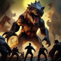 A man engaged in a fierce battle against bad people, with a massive monster, a yellow-eyed demon, and dinosaurs looming in the background