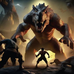 A man engaged in a fierce battle against bad people, with a massive monster, a yellow-eyed demon, and dinosaurs looming in the background