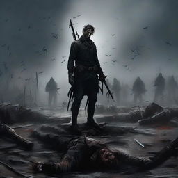 A man standing tall with a weapon in one hand, surrounded by the bodies of fallen enemies on the ground behind him