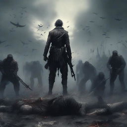 A man standing tall with a weapon in one hand, surrounded by the bodies of fallen enemies on the ground behind him