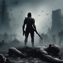 A man standing tall with a weapon in one hand, surrounded by the bodies of fallen enemies on the ground behind him