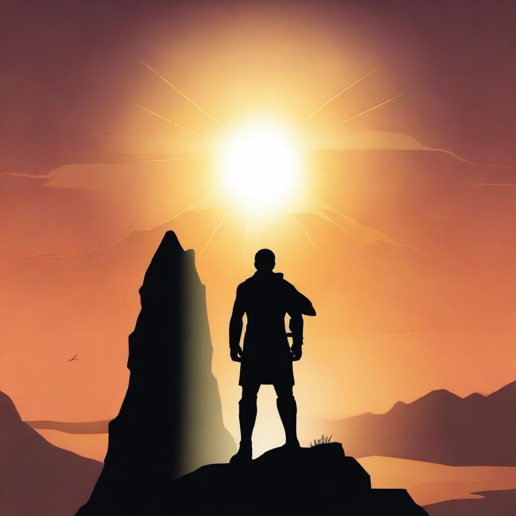 A powerful and inspiring scene depicting the shadow of a triumphant hero standing on a cliff, with the sun setting in the background