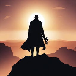 A powerful and inspiring scene depicting the shadow of a triumphant hero standing on a cliff, with the sun setting in the background