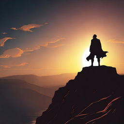 A powerful and inspiring scene depicting the shadow of a triumphant hero standing on a cliff, with the sun setting in the background