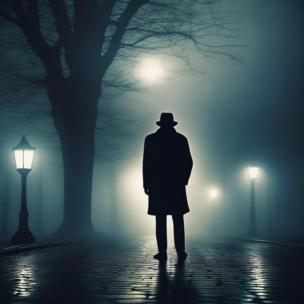 A mysterious scene featuring a man standing at a dark, foggy crossroad at night