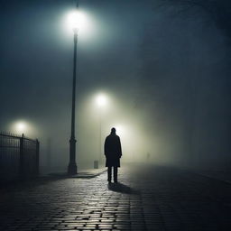 A mysterious scene featuring a man standing at a dark, foggy crossroad at night