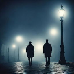 A mysterious scene featuring a man standing at a dark, foggy crossroad at night