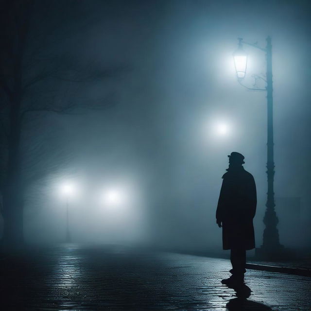 A mysterious scene featuring a man standing at a dark, foggy crossroad at night