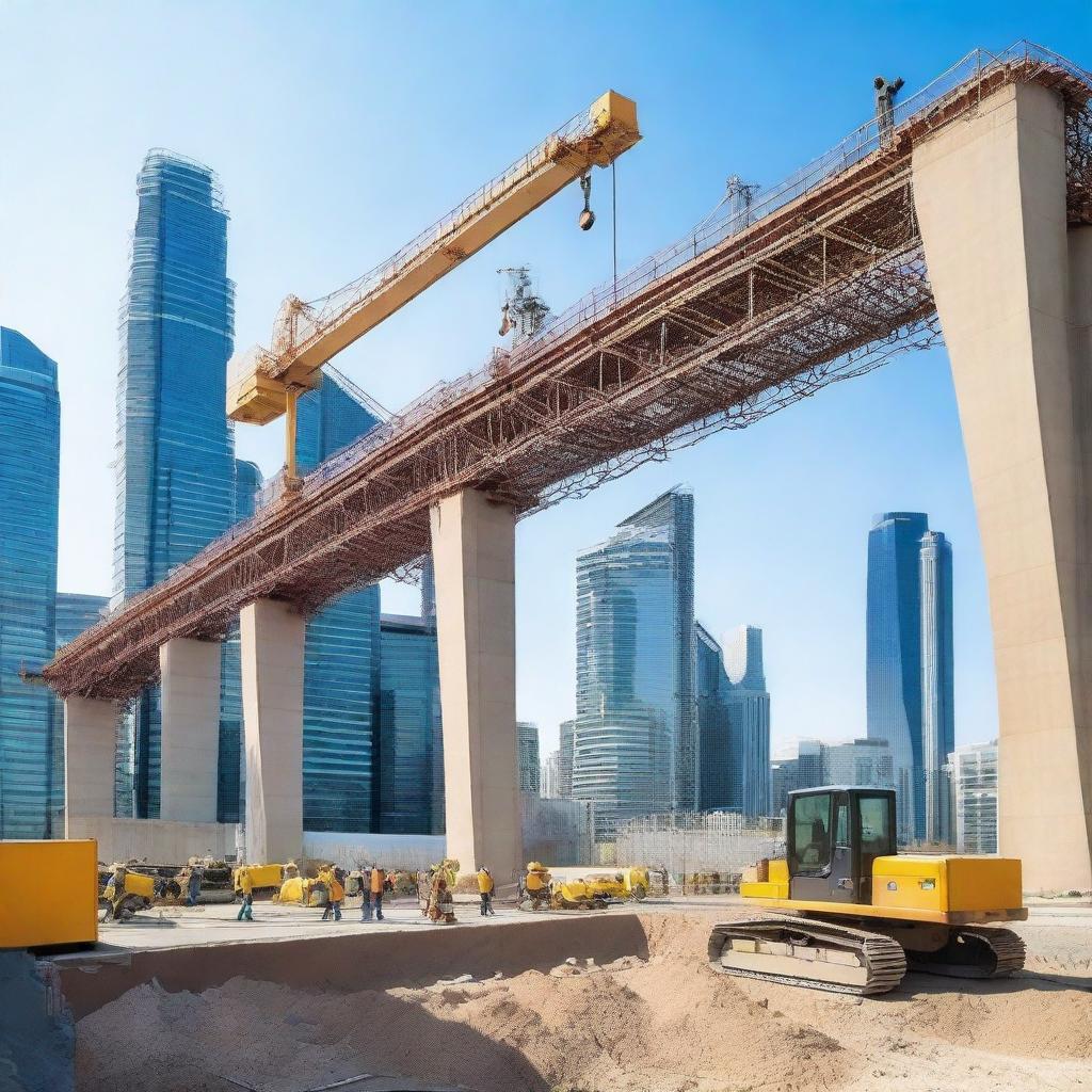 A detailed scene of civil engineering in action, featuring construction workers building a bridge