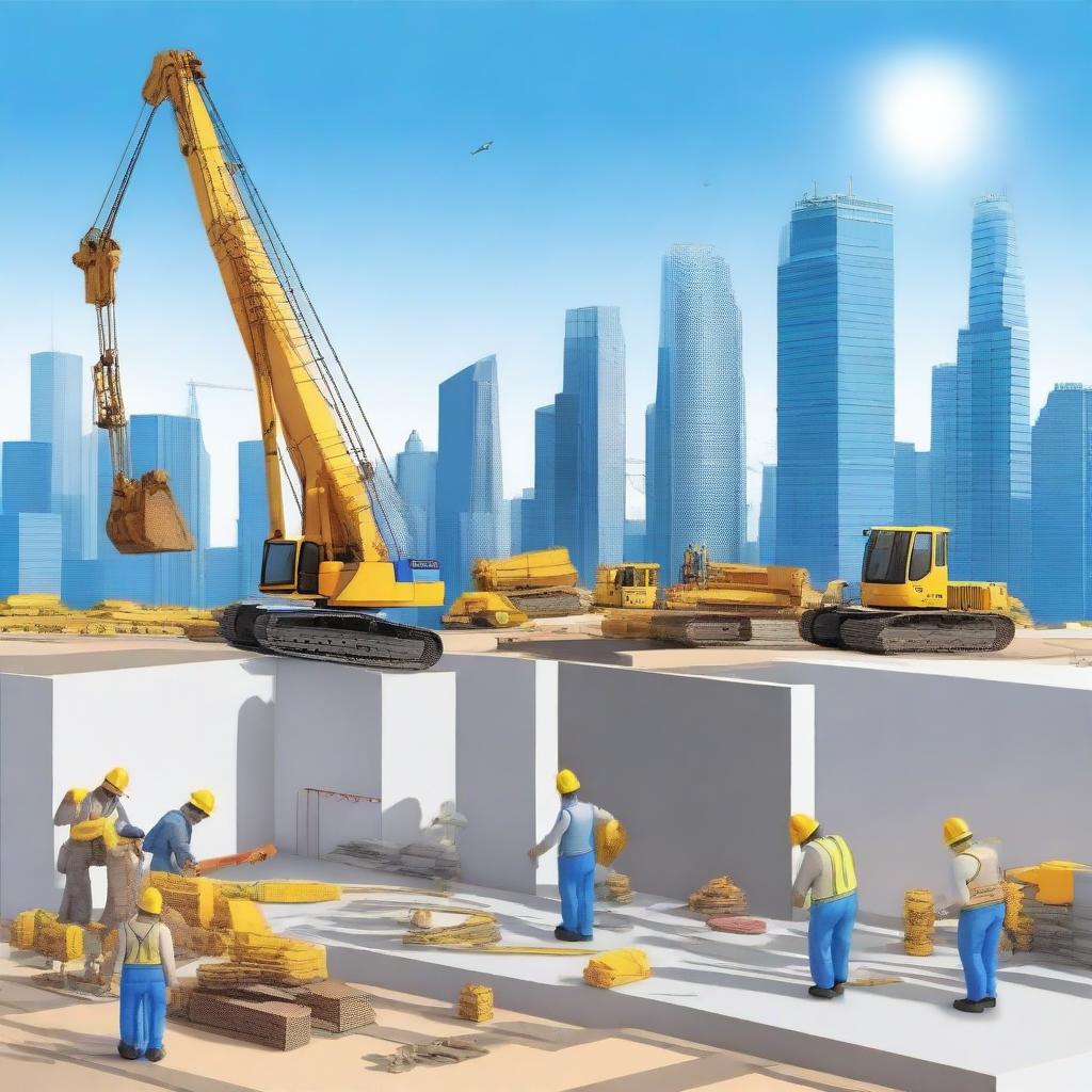 A detailed scene of civil engineering in action, featuring construction workers building a bridge