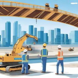 A detailed scene of civil engineering in action, featuring construction workers building a bridge