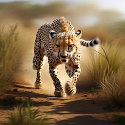 A photorealistic image of a cheetah in its natural habitat, poised in mid sprint with muscles rippling under its sleek spotted coat and eyes focused on its prey.
