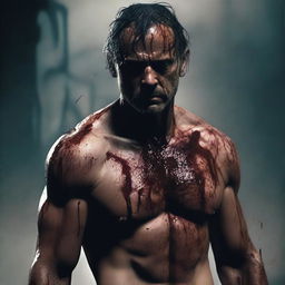 A bloodied man standing, looking ahead with a determined expression