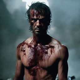 A bloodied man standing, looking ahead with a determined expression