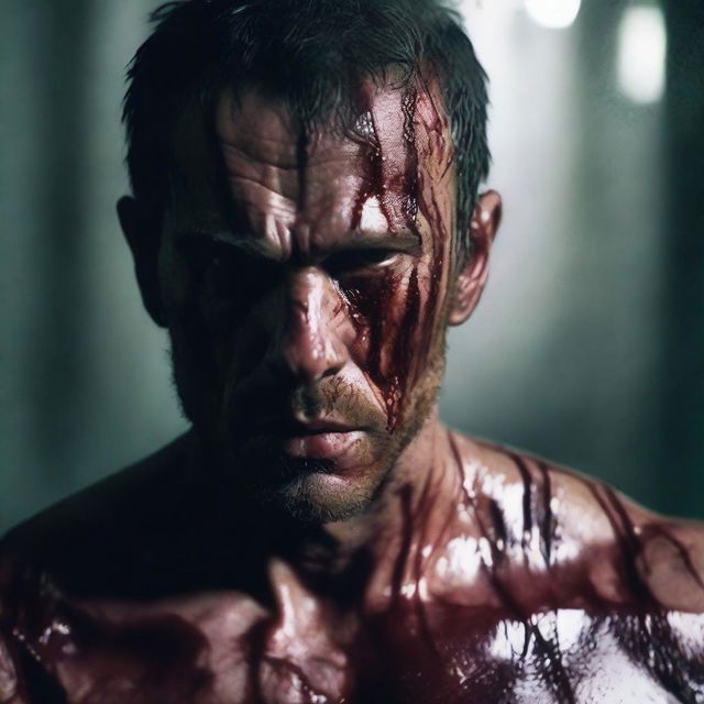 A bloodied man standing, looking ahead with a determined expression