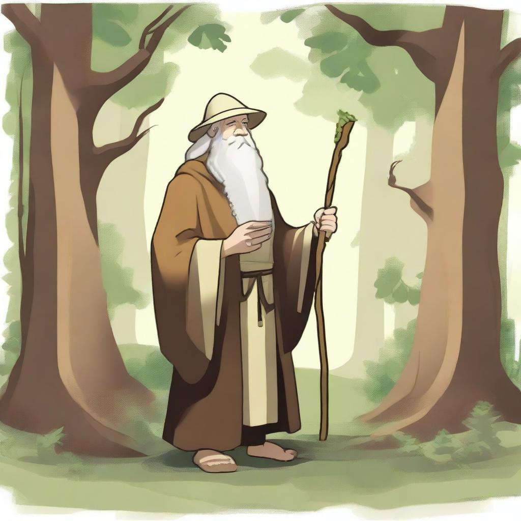 A serene druid hermit, living in harmony with nature, surrounded by lush forest and wildlife