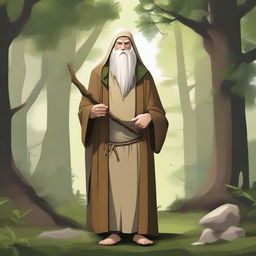 A serene druid hermit, living in harmony with nature, surrounded by lush forest and wildlife