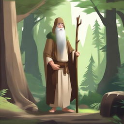 A serene druid hermit, living in harmony with nature, surrounded by lush forest and wildlife