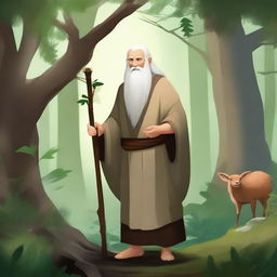 A serene druid hermit, living in harmony with nature, surrounded by lush forest and wildlife