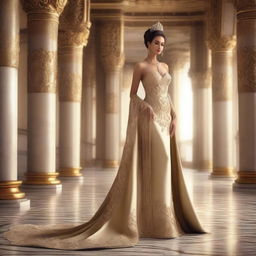 A regal and alluring queen standing in a grand, ornate palace