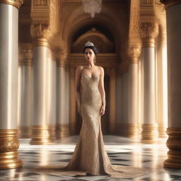 A regal and alluring queen standing in a grand, ornate palace