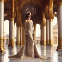 A regal and alluring queen standing in a grand, ornate palace