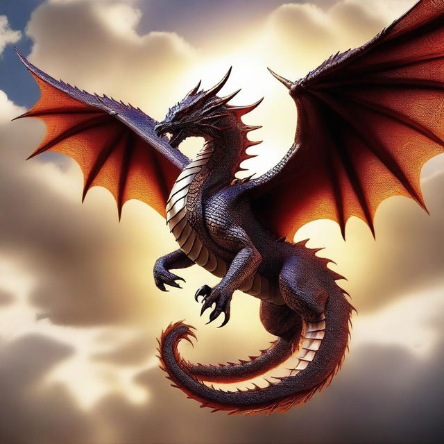 A majestic dragon soaring through the skies, its scales glistening under the sun