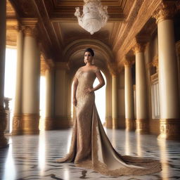 A confident and voluptuous queen standing in an opulent palace, showcasing her curvy figure and commanding presence