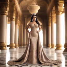 A confident and voluptuous queen standing in an opulent palace, showcasing her curvy figure and commanding presence