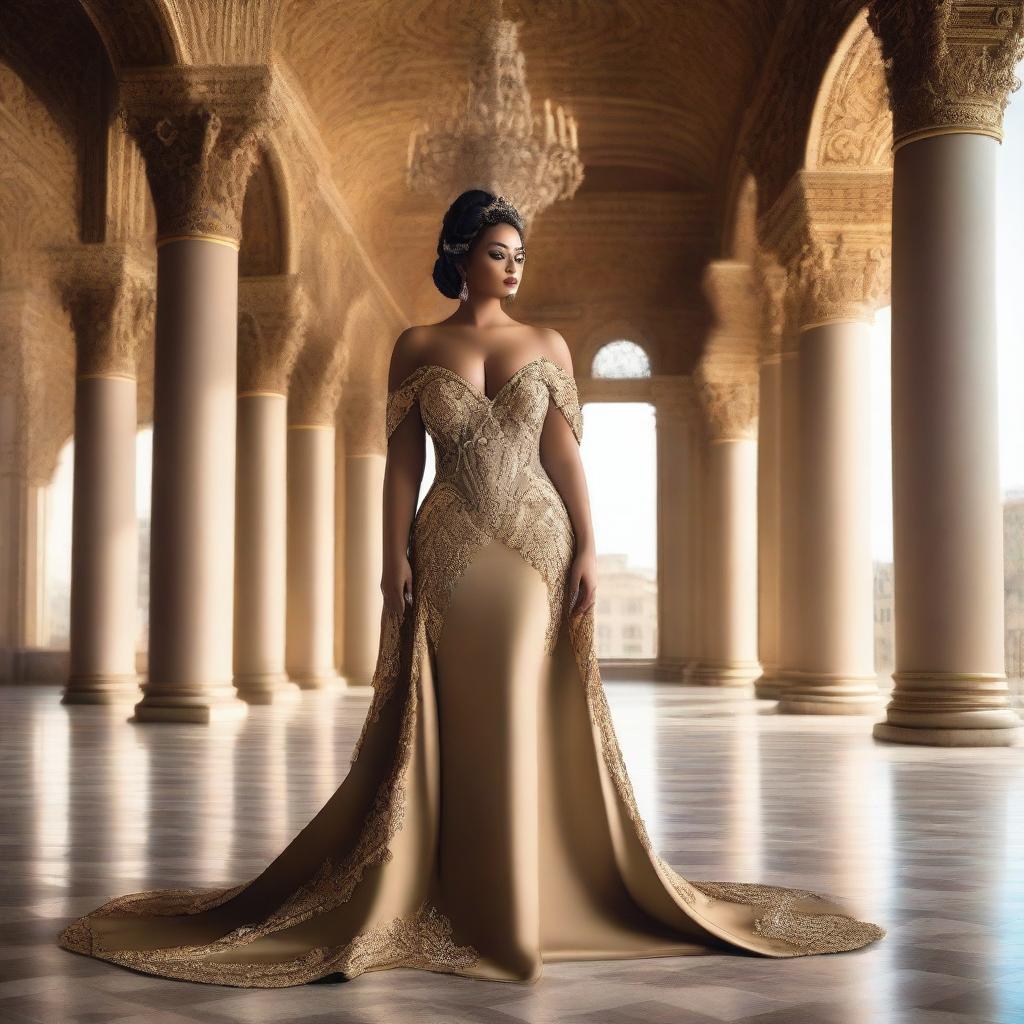 A confident and voluptuous queen standing in an opulent palace, showcasing her curvy figure and commanding presence