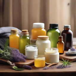 A beautiful display of homemade skincare products, including jars of creams, bottles of essential oils, and natural ingredients like aloe vera, honey, and lavender