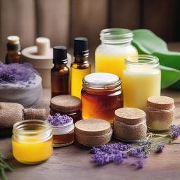 A beautiful display of homemade skincare products, including jars of creams, bottles of essential oils, and natural ingredients like aloe vera, honey, and lavender