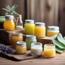 A beautiful display of homemade skincare products, including jars of creams, bottles of essential oils, and natural ingredients like aloe vera, honey, and lavender