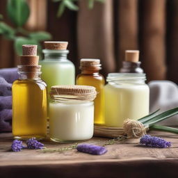 A beautiful display of homemade skincare products, including jars of creams, bottles of essential oils, and natural ingredients like aloe vera, honey, and lavender