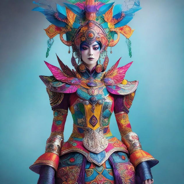 A person dressed in a creative and detailed costume, showcasing vibrant colors and intricate designs