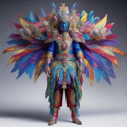 A person dressed in a creative and detailed costume, showcasing vibrant colors and intricate designs