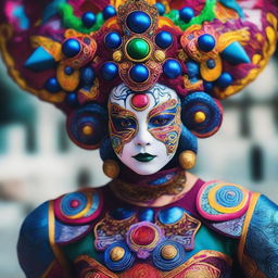 A person dressed in a creative and detailed costume, showcasing vibrant colors and intricate designs