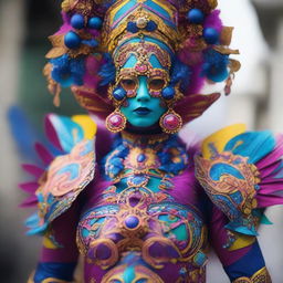 A person dressed in a creative and detailed costume, showcasing vibrant colors and intricate designs