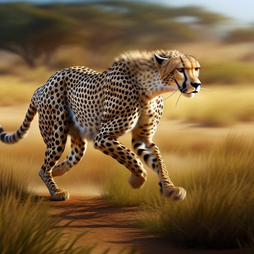 A photorealistic image of a cheetah in its natural habitat, poised in mid sprint with muscles rippling under its sleek spotted coat and eyes focused on its prey.