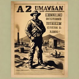 A poster on old, yellowed paper featuring an image of a mine or miners, in the style of the American Wild West