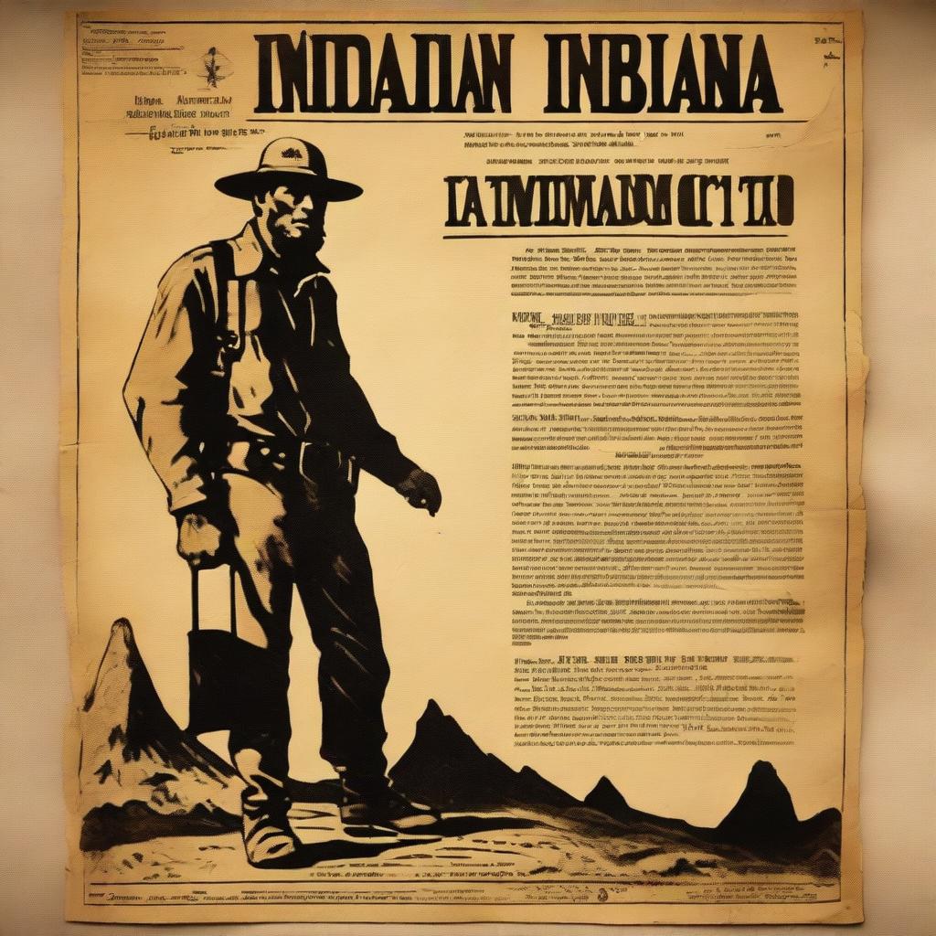 A poster on old, yellowed paper featuring an image of a mine or miners, in the style of the American Wild West