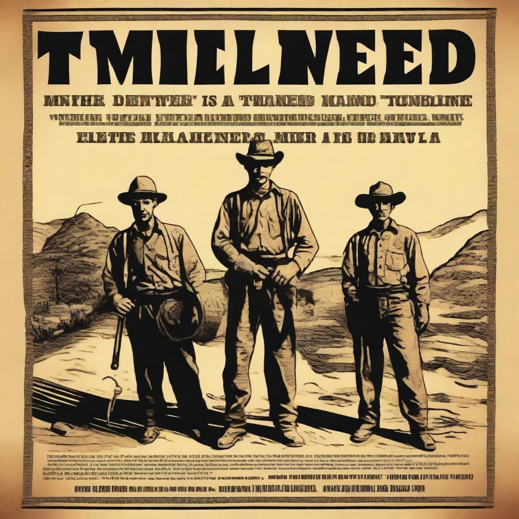 A poster on old, yellowed paper featuring an image of a mine or miners, in the style of the American Wild West