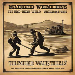 A poster on old, yellowed paper featuring an image of a mine or miners, in the style of the American Wild West