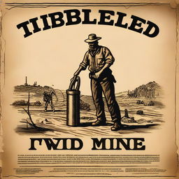 A poster on old, yellowed paper featuring an image of a mine or miners, in the style of the American Wild West